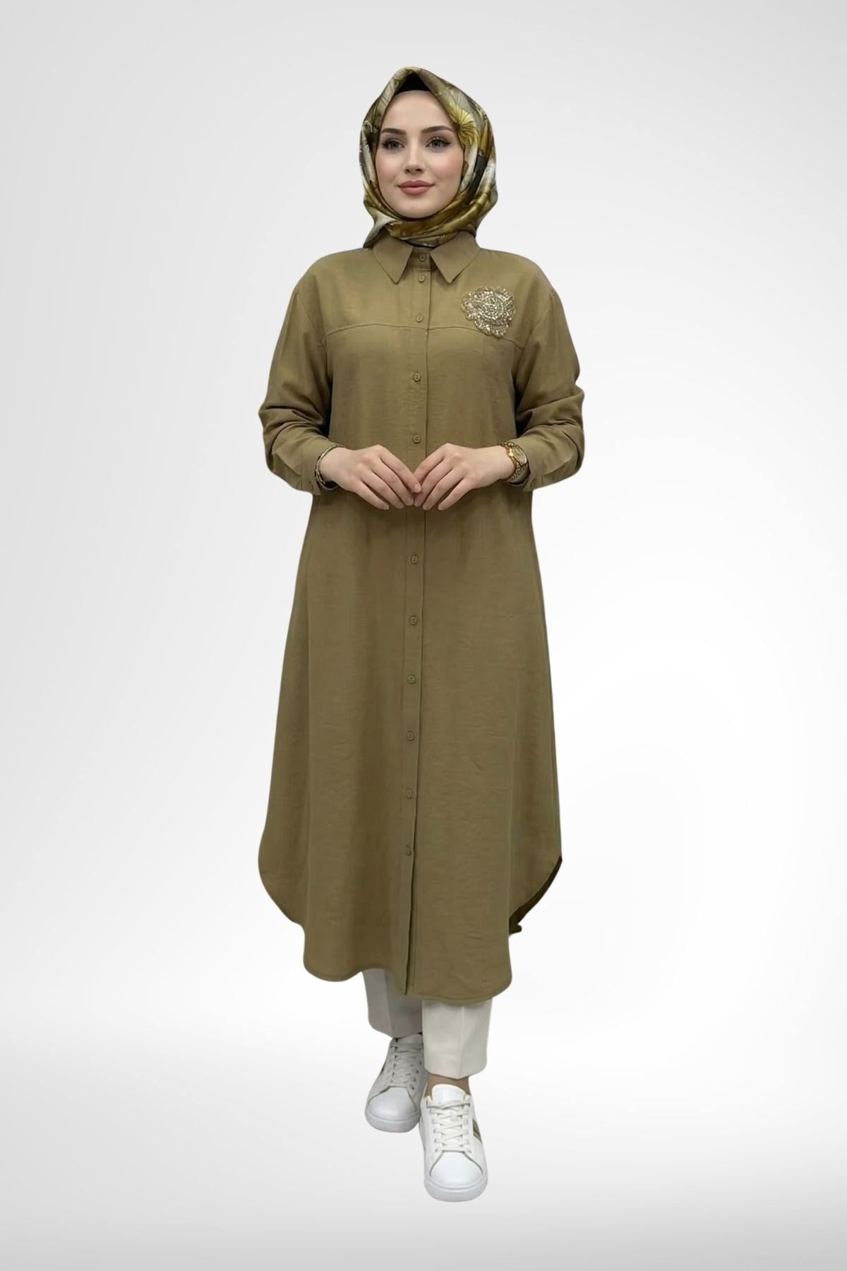 Armine Trend 26YT403 Çiçek Detaylı Düğmeli Tunik - Yağ Yeşili