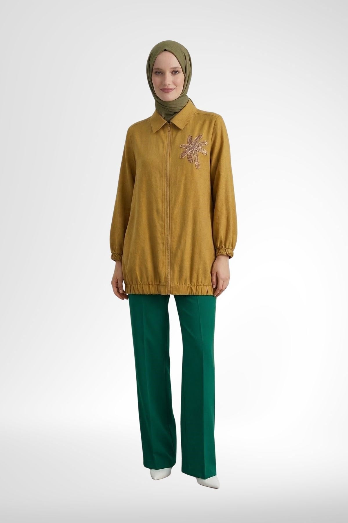 Armine Trend 26YT405 Yaka Palmiye Taş İşlemeli Tunik - Hardal