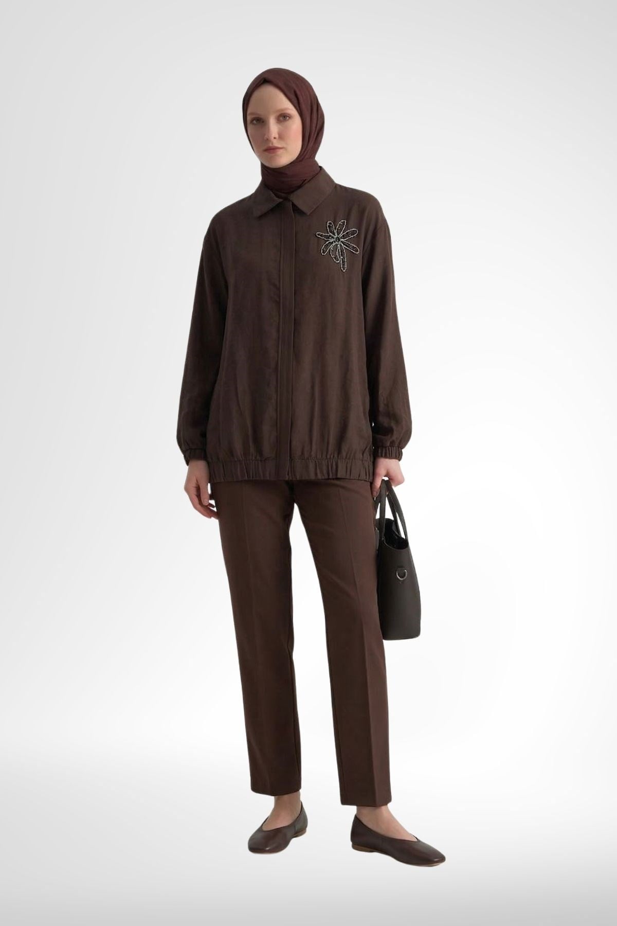 Armine Trend 26YT405 Yaka Palmiye Taş İşlemeli Tunik - Kahverengi