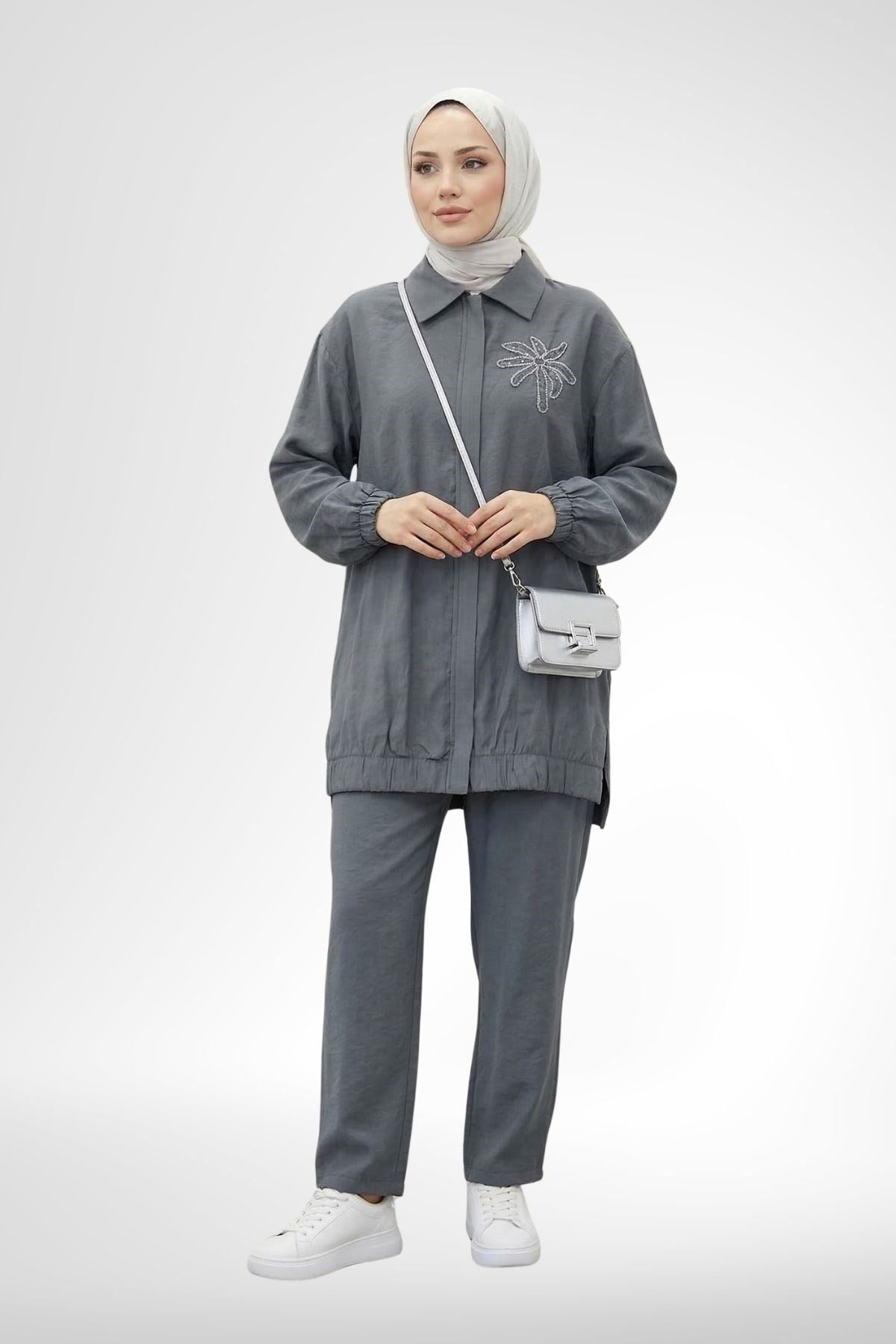 Armine Trend 26YT405 Yaka Palmiye Taş İşlemeli Tunik - Petrol