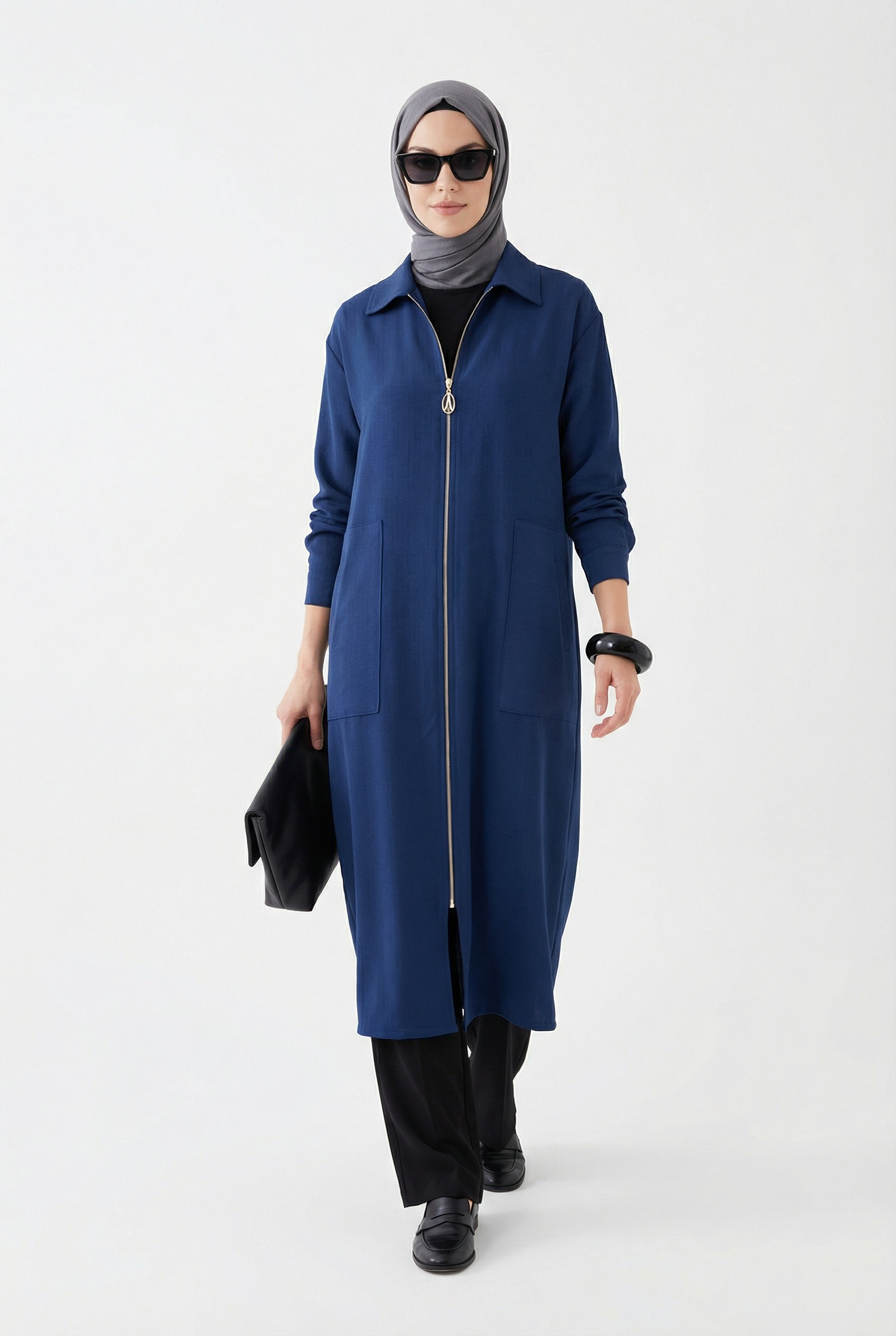 Armine Trend Kolları Şerit Detaylı Boydan Fermuarlı Allerli Giy Çık İndigo 26YT516