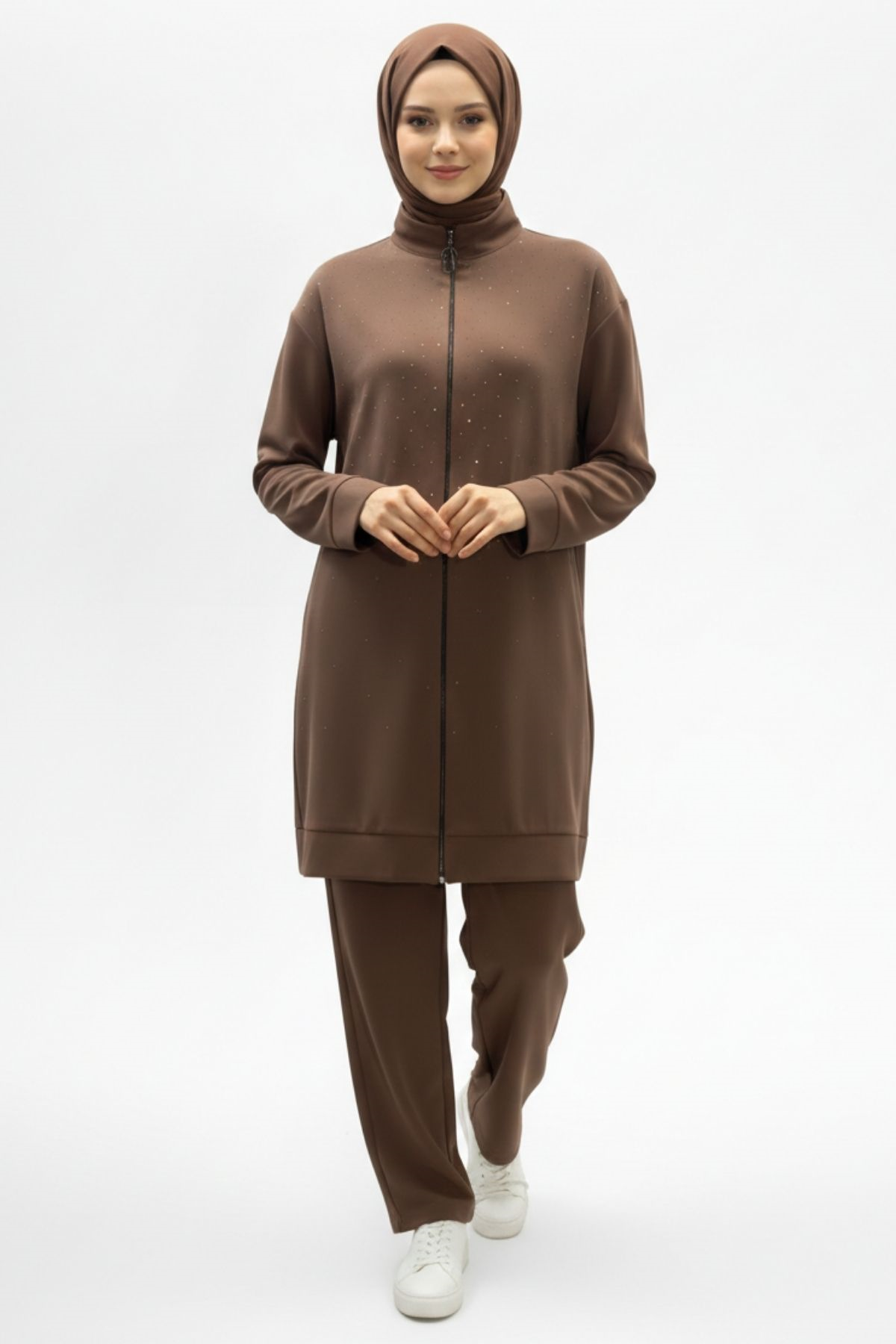 Armine Trend Taş Detaylı Fermuarlı Pantolonlu İkili Takım Latte 26YT625 