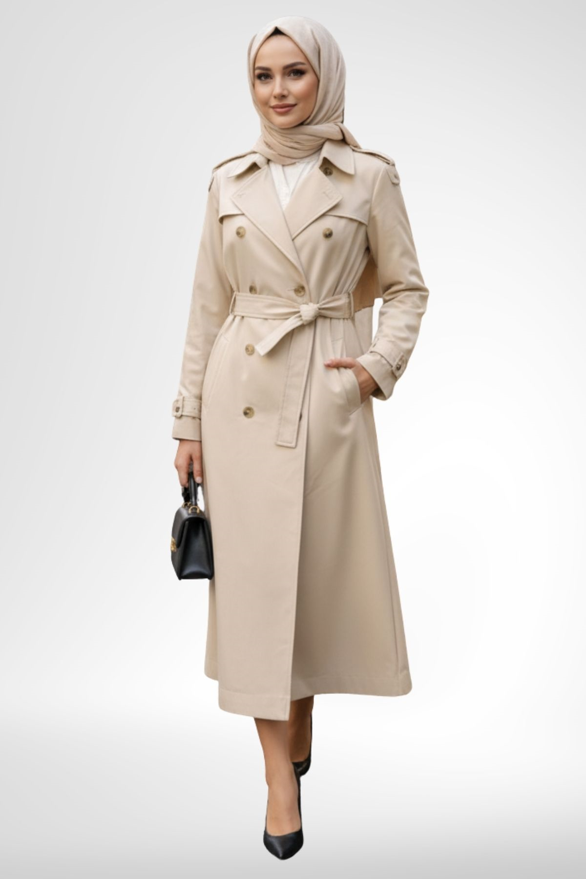 Armine Trend Kruvaze Kapamalı Düğmeli Belden Kuşaklı Kap Taş 26YT707