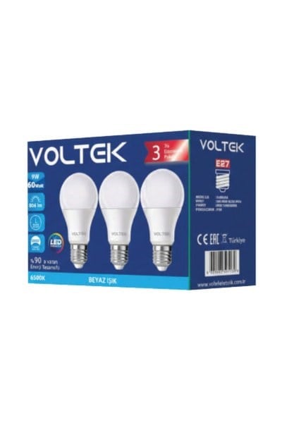 VLB01065X39W - Led Ampul E27 6500K (3 lü Paket)9W - Led Ampul E27 6500K (3 lü Paket) | Voltek{ubercoelektromarket}