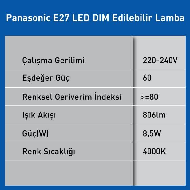 LDACH09WGDR7Panasonic Led Dimmerli Lamba 8.5W/4000K Ilık Beyaz Işıklı 806Lm E27 Led Ampul