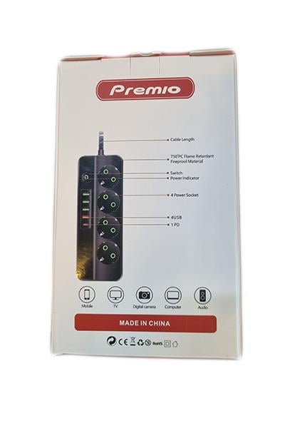 Premio 3 lü Temassız 4 USB' Li 1 TYP-C Girişli Grup Priz Siyah Renk
