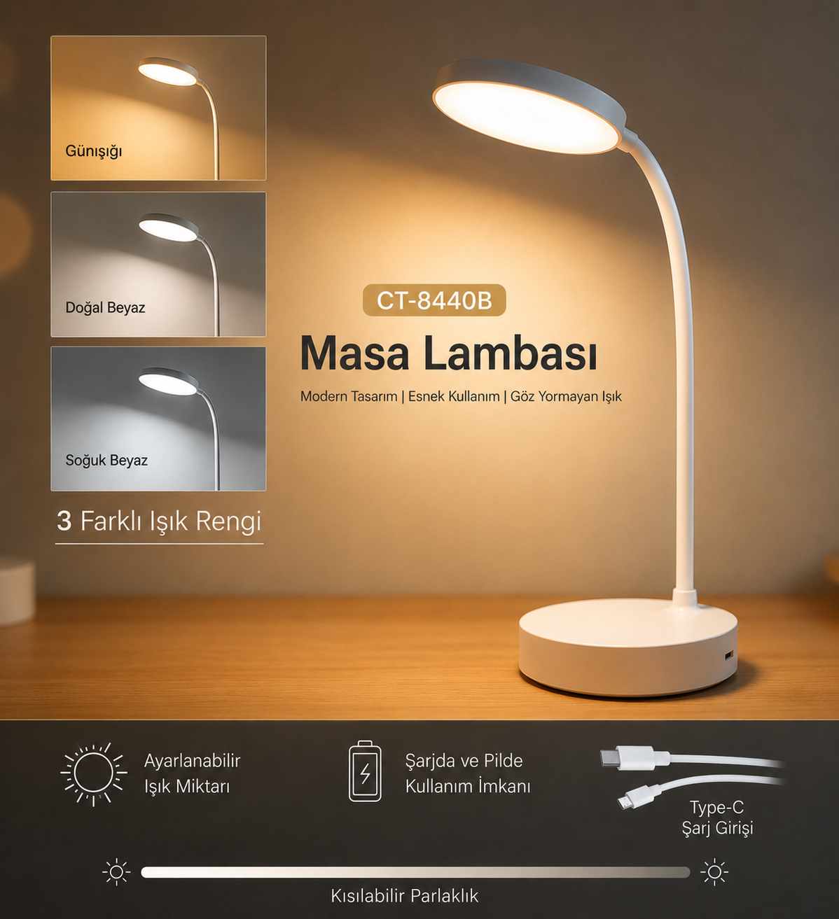 CT-8440BCata CT-8440 Berlin Dokunmatik Şarjlı Masa Lambası Dimlenebilir Işık Beyaz Renk{ubercoelektromarket}