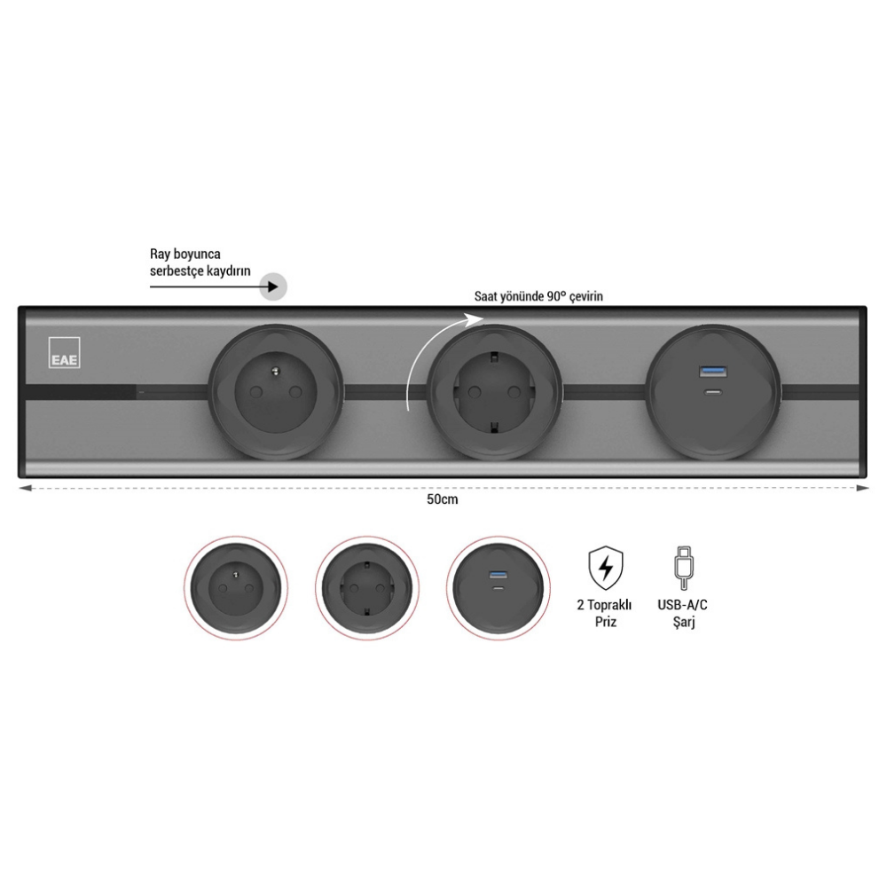 1074865EAE E-Flux Raylı Priz, 2 Şebeke, 1 USB Type A+C 20W Gri (EFG500){ubercoelektromarket}