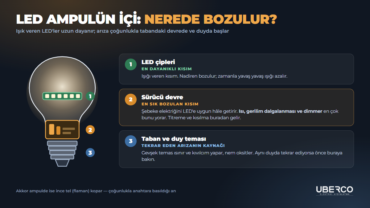 LED ampulün içi: ışık veren LED çipleri, tabandaki sürücü devre ve duy bağlantısı; bozulmanın en çok sürücüde ve temas noktasında olduğunu gösteren şema