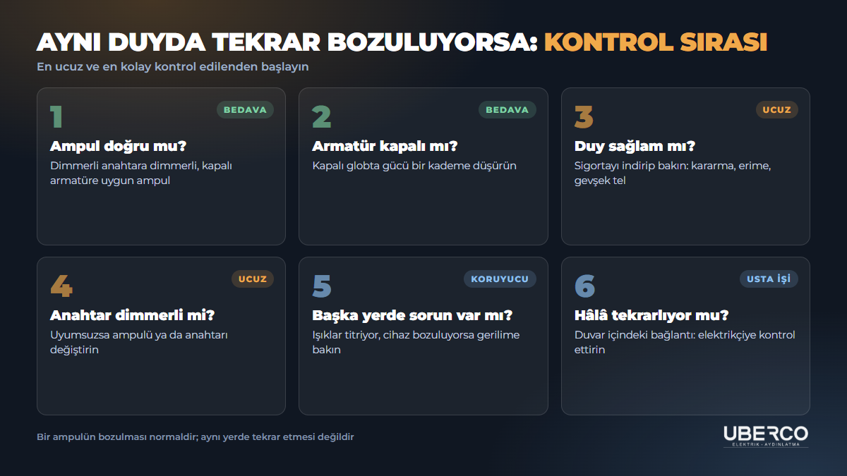 Aynı duyda ampul tekrar bozuluyorsa kontrol sırası: ampul tipi, armatür, duy, anahtar, şebeke gerilimi ve elektrikçi
