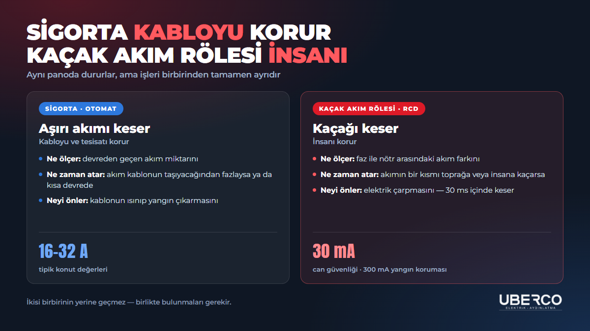 Sigorta kabloyu korur, kaçak akım rölesi insanı korur — ikisinin farkı