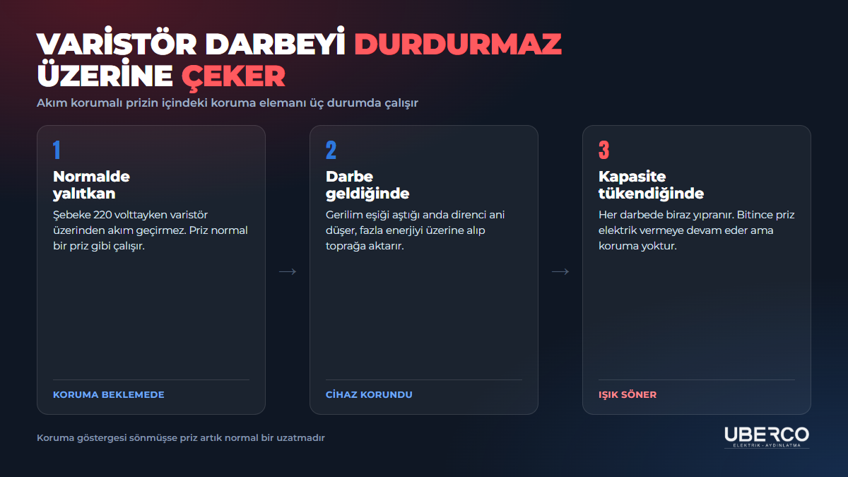 Varistörün üç hali: normalde yalıtkan, darbe geldiğinde enerjiyi toprağa aktarır, kapasitesi tükendiğinde koruma ışığı söner