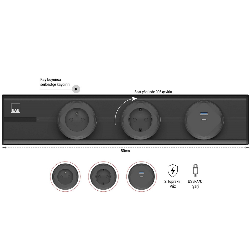 1074864EAE E-Flux Raylı Priz, 2 Şebeke, 1 USB Type A+C 20W Siyah (EFS500){ubercoelektromarket}