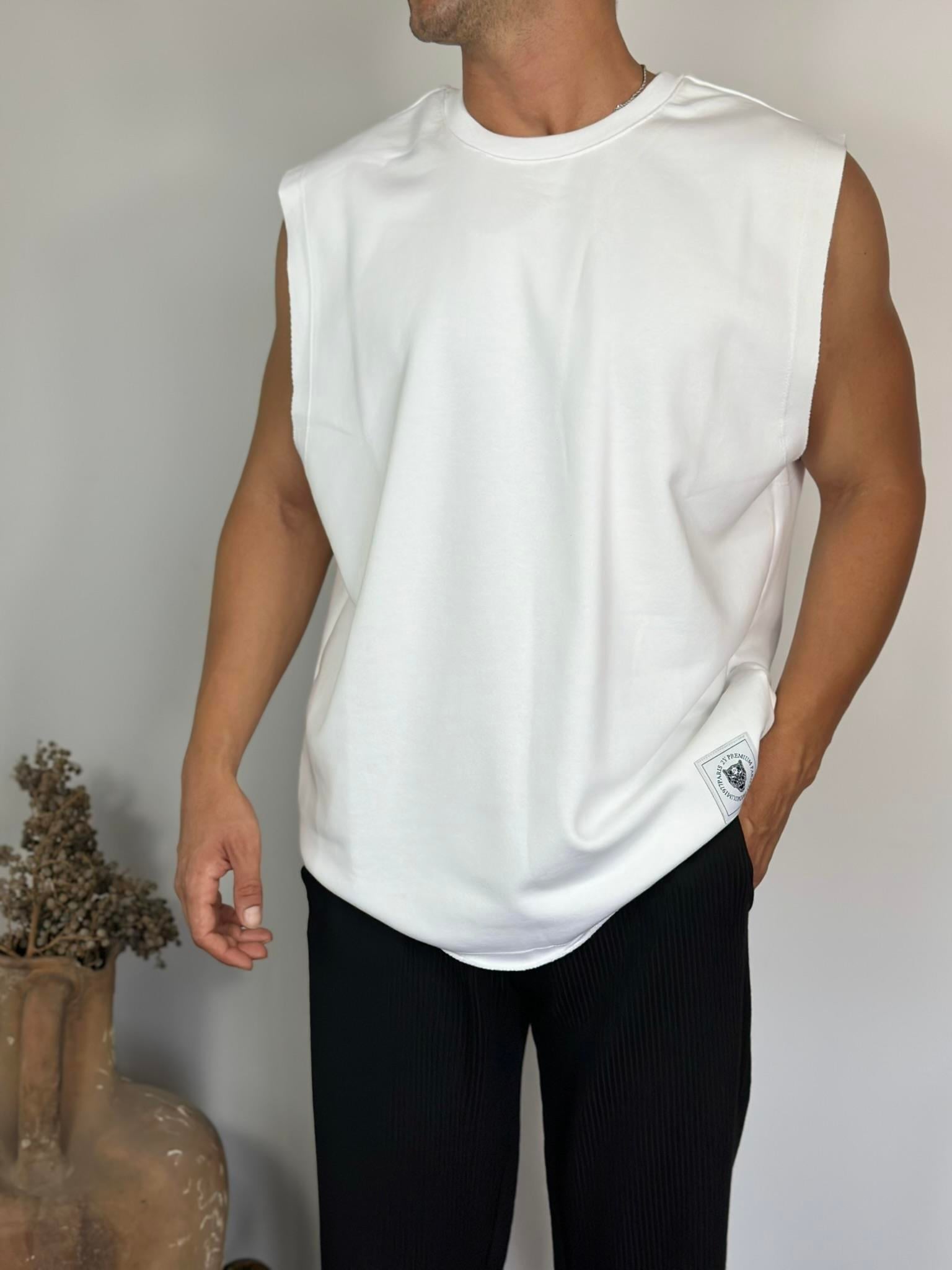 Basic Beyaz Sıfır Kollu T-Shirt