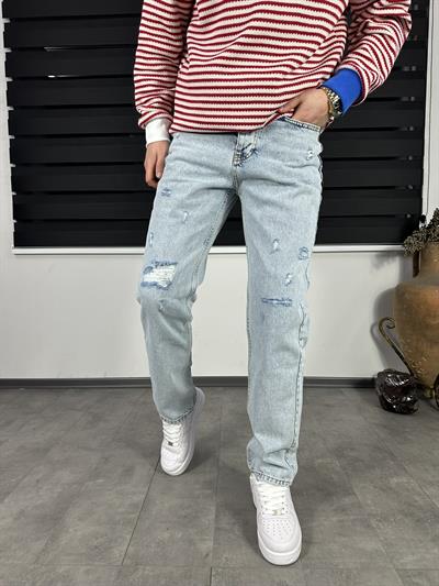 Buz Mavisi Yırtık Baggy Jean