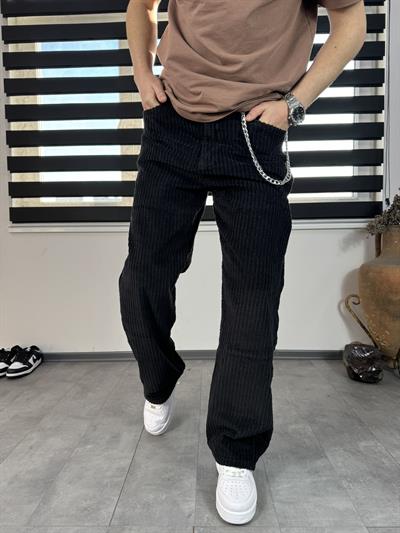 Siyah Kadife Baggy Çizgili Pantolon