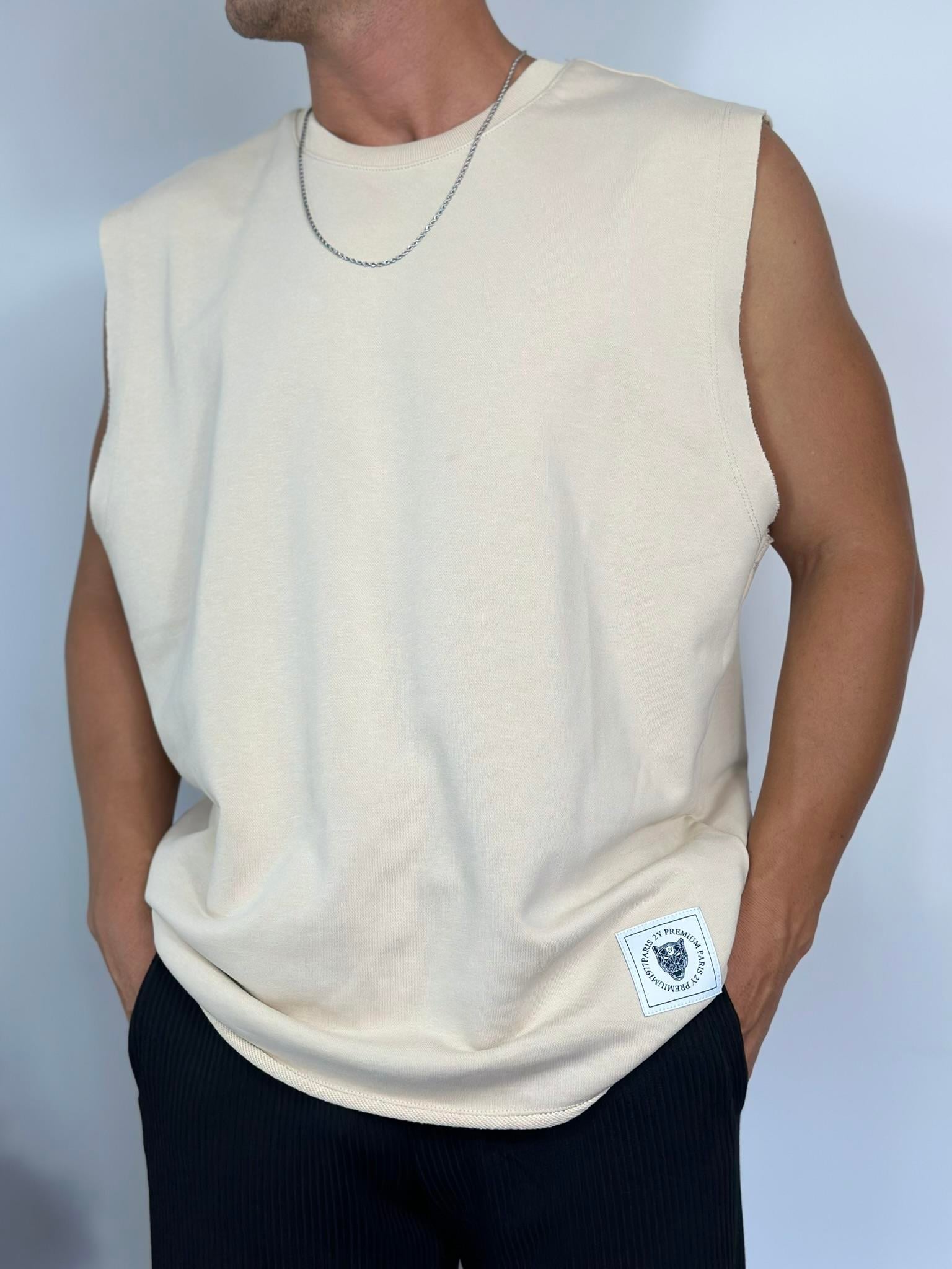 Bej Sıfır Kollu T-Shirt
