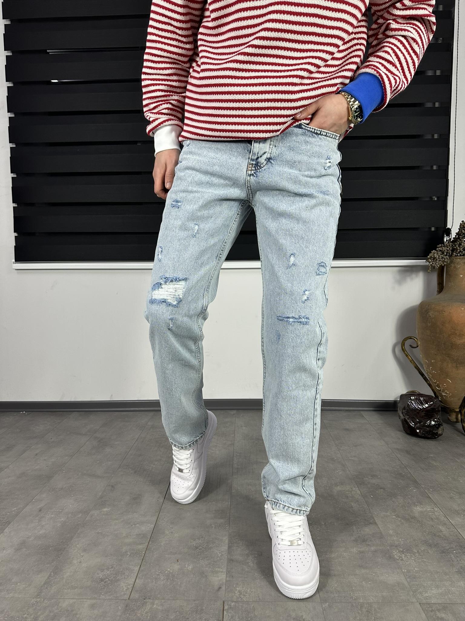 Buz Mavisi Yırtık Baggy Jean