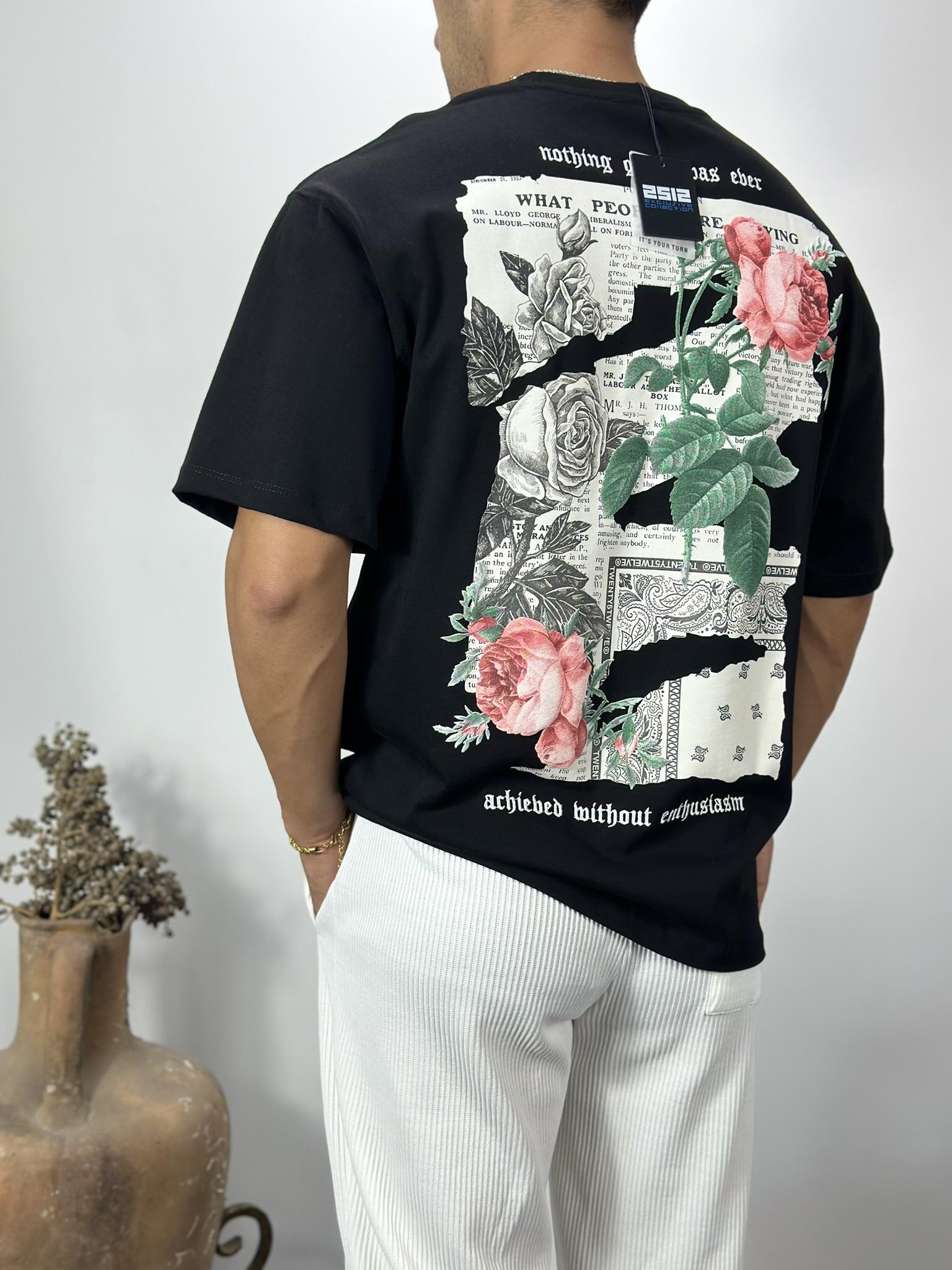 Gül Desenli Siyah Oversize T-Shirt