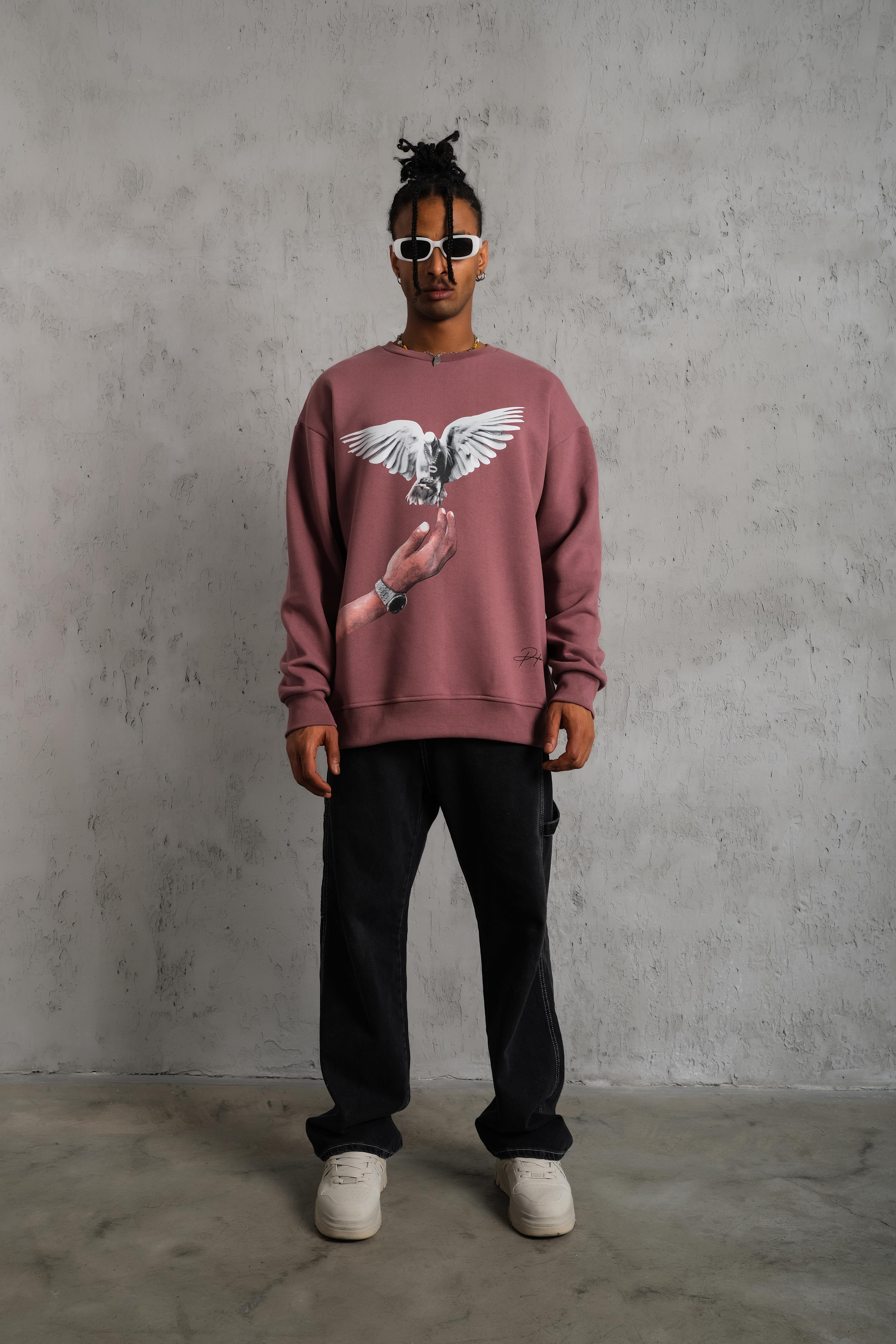 Kuş Baskılı Oversize Sweatshirt Gül Kurusu