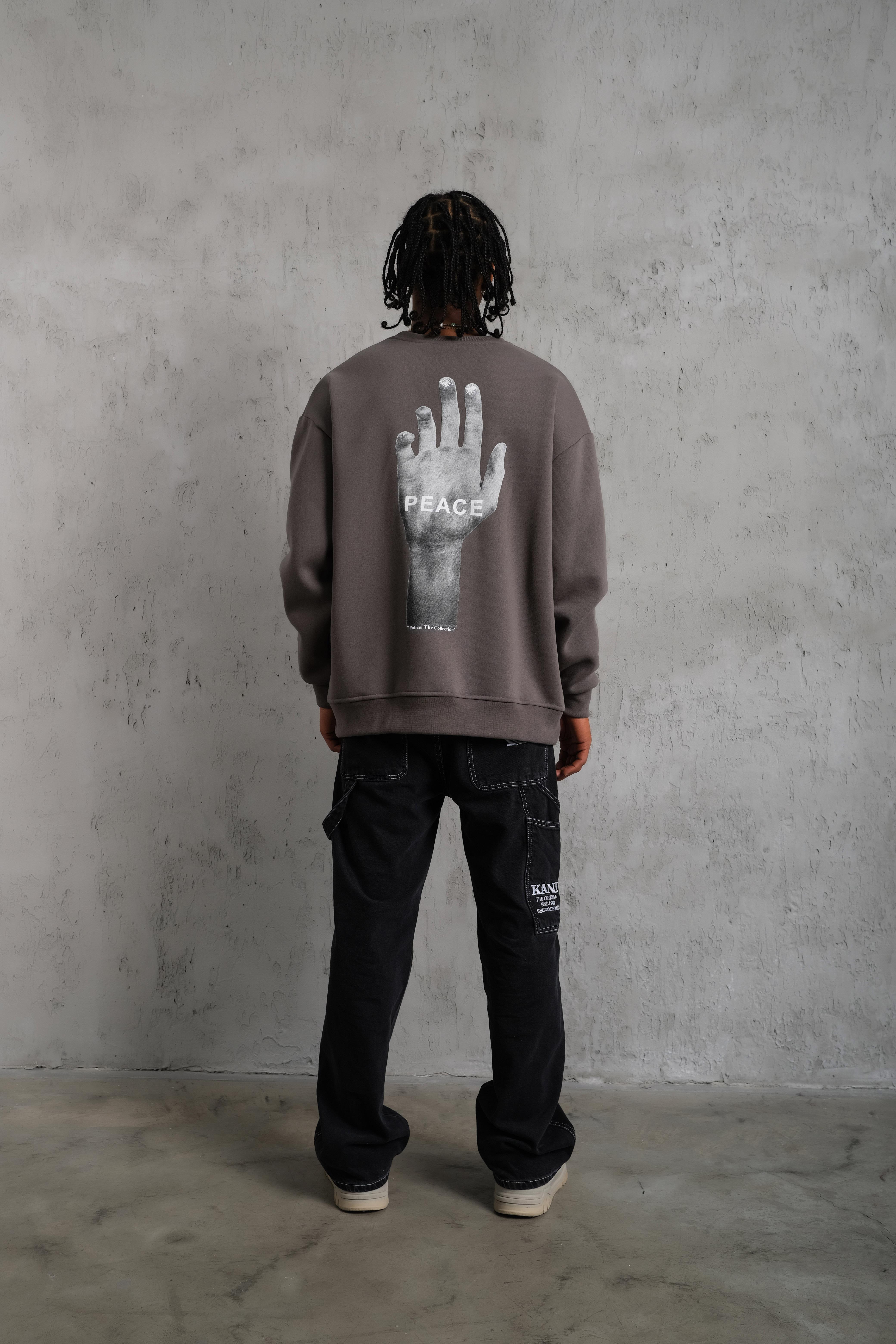 Peace Baskılı Oversize Sweatshirt Gri
