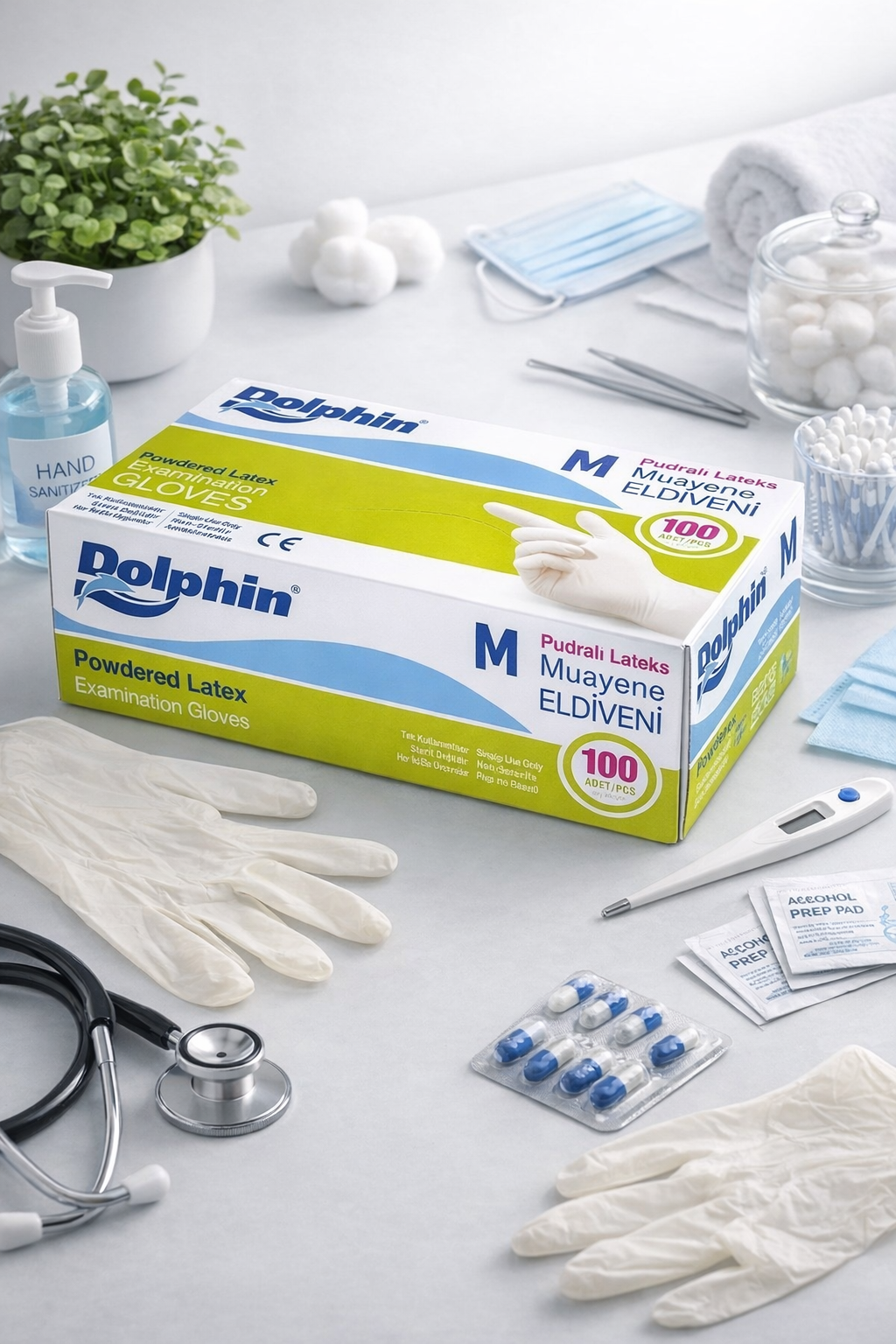 Dolphin Beyaz Pudralı Lateks Eldiven Medium 100lü