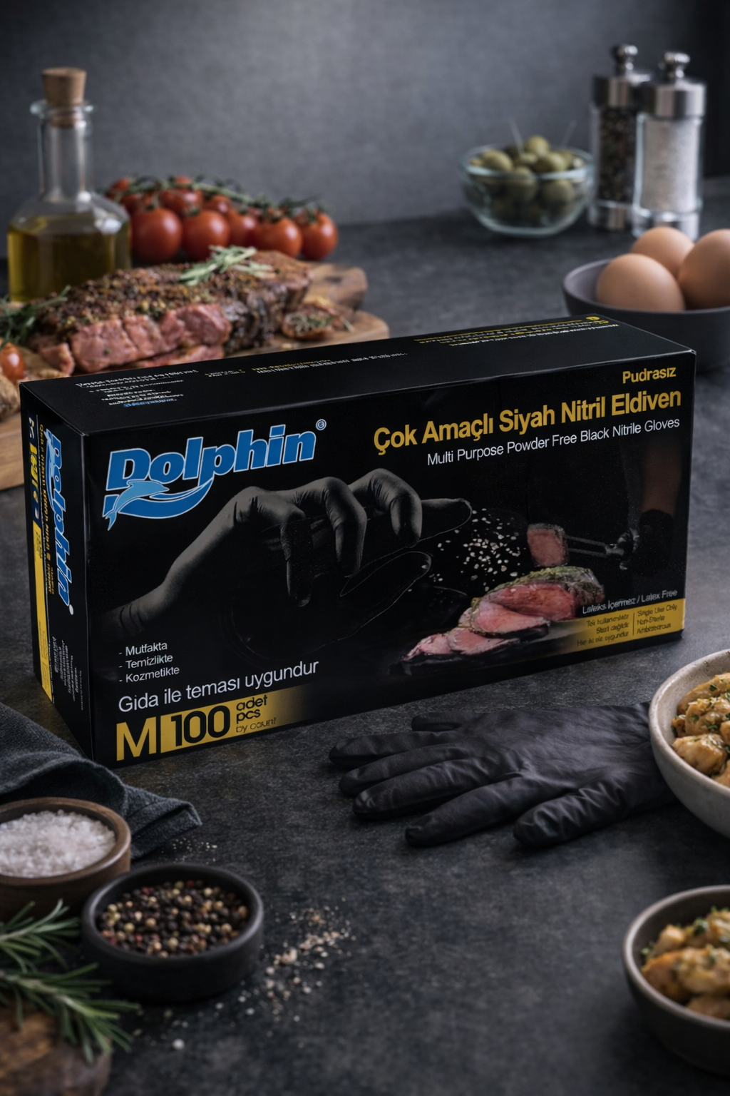 Dolphin Siyah Nitril Eldiven Medium 100lü