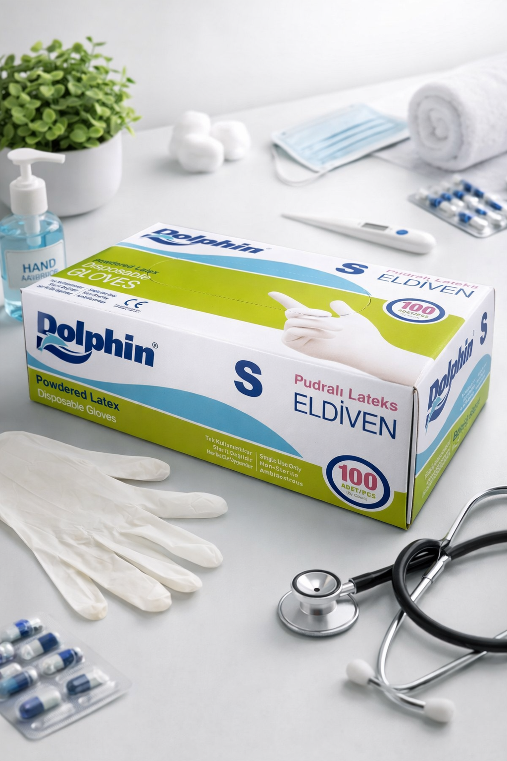 Dolphin Beyaz Pudralı Lateks Eldiven Small 100lü