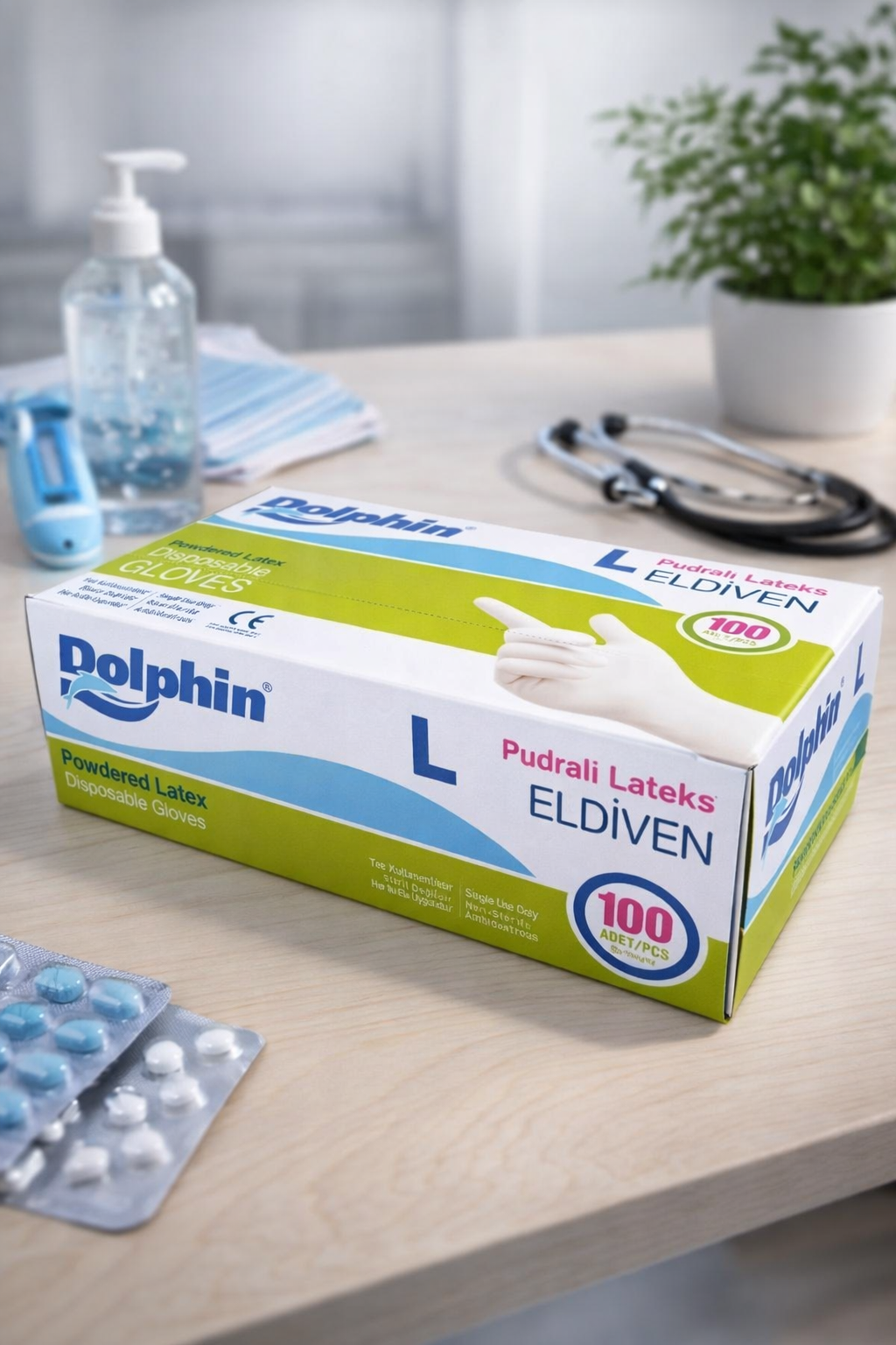 Dolphin Beyaz Pudralı Lateks Eldiven Large 100lü