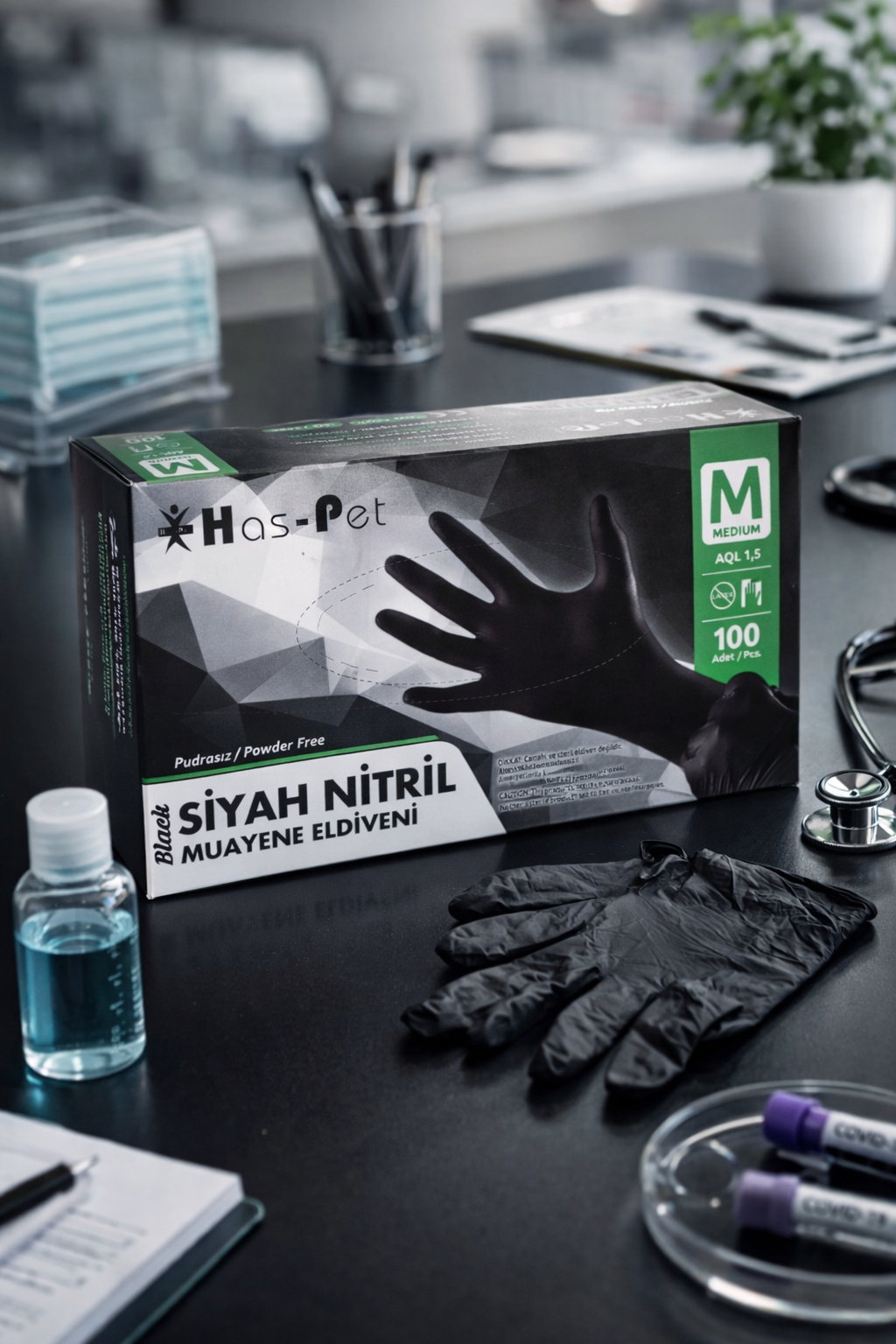 Haspet Siyah Nitril Eldiven Medium 100lü