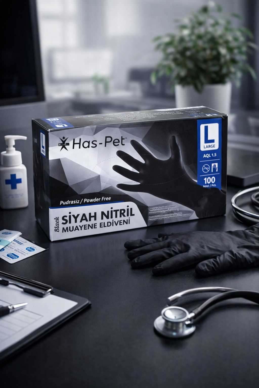 Haspet Siyah Nitril Eldiven Large 100lü