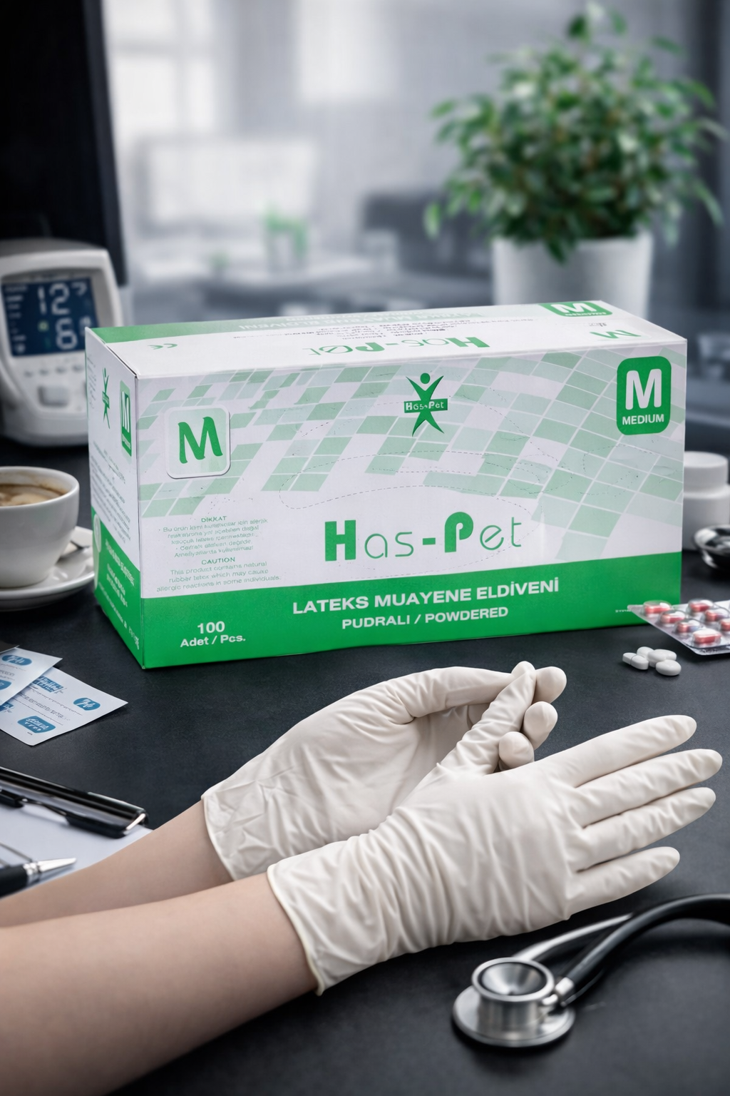 Haspet Beyaz Pudralı Lateks Eldiven Medium 100lü