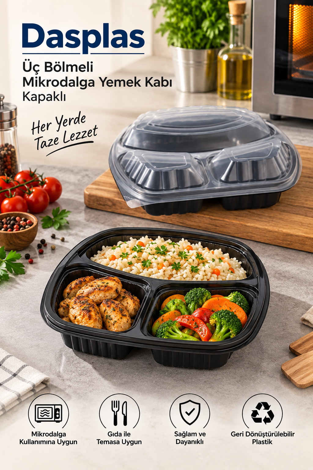 Dasplas Üç Bölmeli Mikrodalga Yemek Kabı Kapaklı
