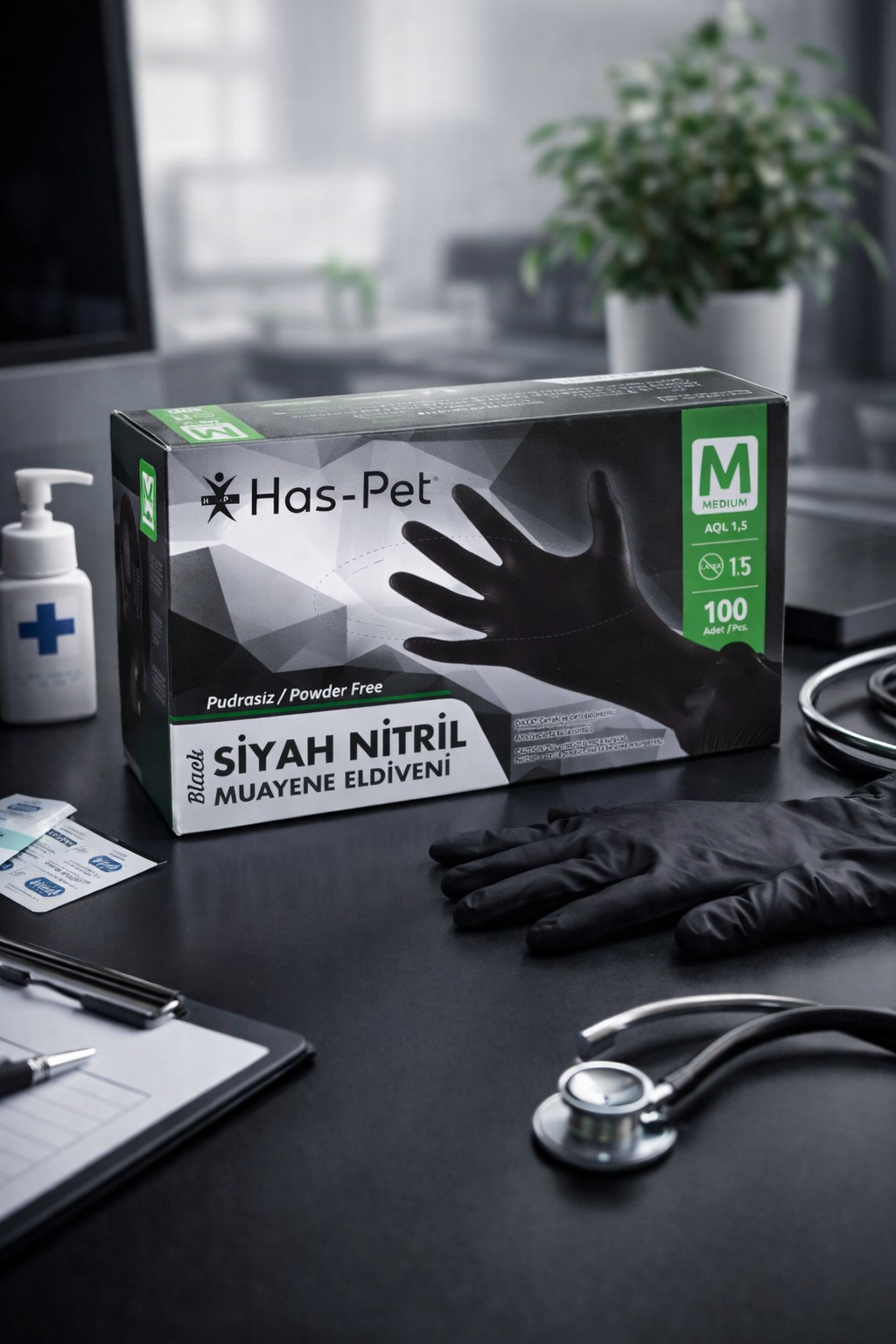 Haspet Siyah Nitril Eldiven Medium 100lü