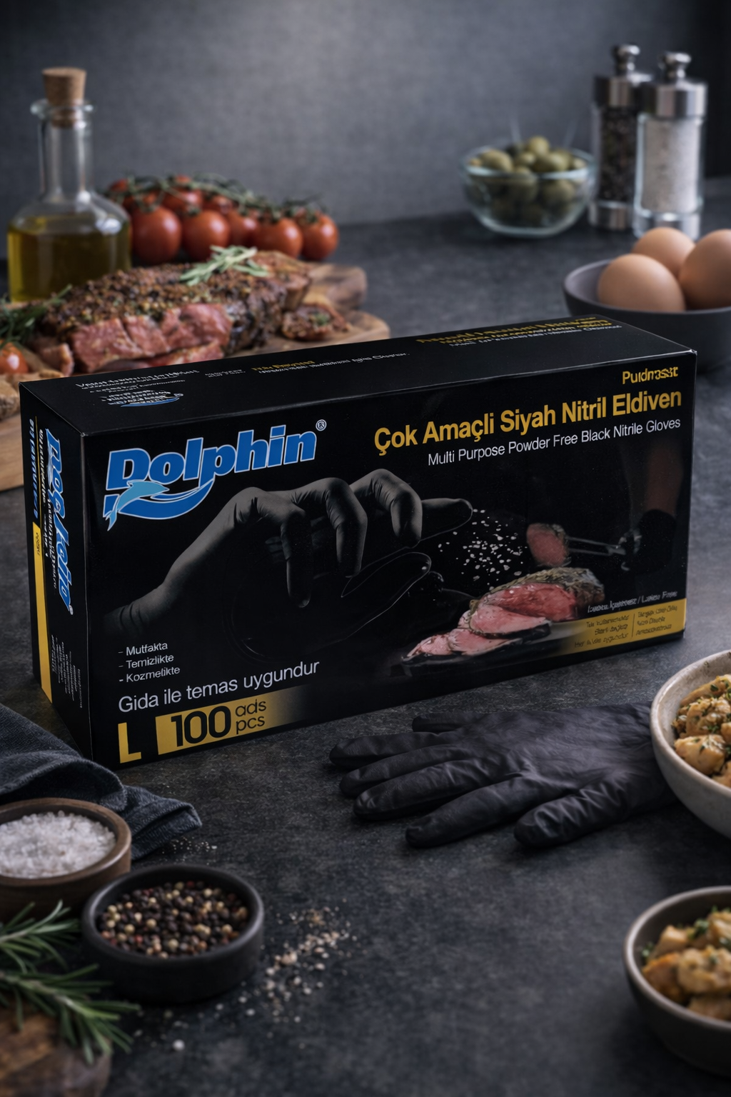 Dolphin Siyah Nitril Eldiven Large 100lü