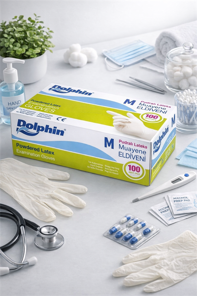 Dolphin Beyaz Pudralı Lateks Eldiven Medium 100lü