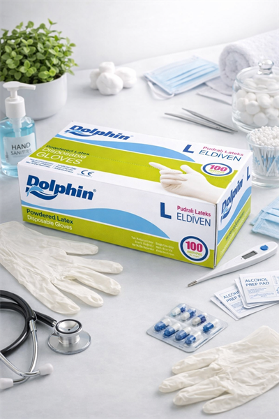 Dolphin Beyaz Pudralı Lateks Eldiven Large 100lü