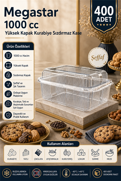 Megastar 1000 Gr Yüksek Kapaklı Kurabiye Sızdırmaz Kase 400lü – Kapaklı Pasta ve Gıda Kabı