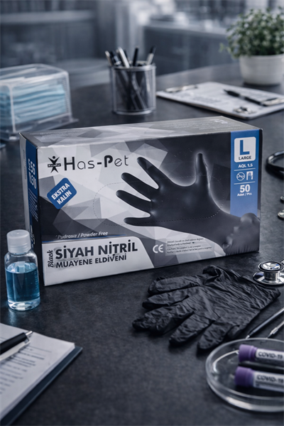 Haspet Siyah Nitril Eldiven Extra Kalın Medium 50li