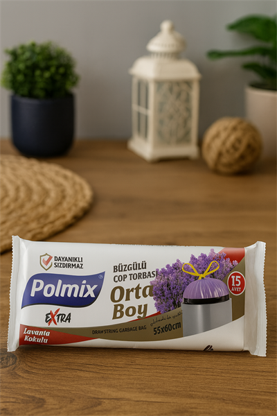 Polmix Orta Boy Büzgülü Çöp Torbası 55x60 cm Lavanta Kokulu 10lu