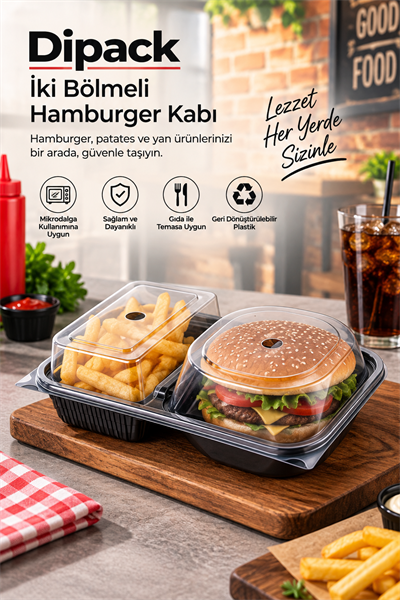Dipack İki Bölmeli Hamburger Kabı 300 Adet