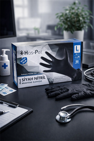 Haspet Siyah Nitril Eldiven Extra Kalın Medium 50li