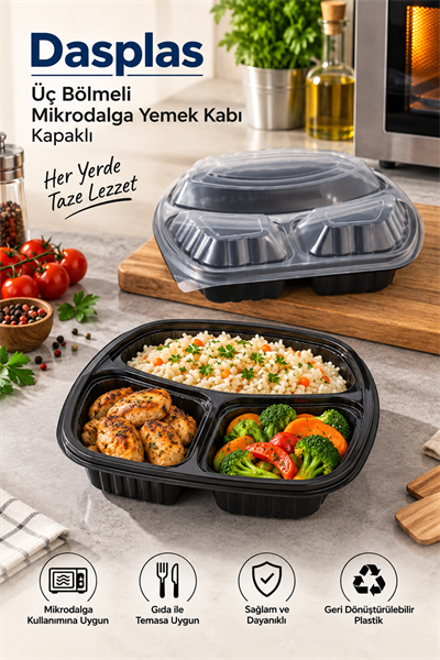 Dasplas Üç Bölmeli Mikrodalga Yemek Kabı Kapaklı