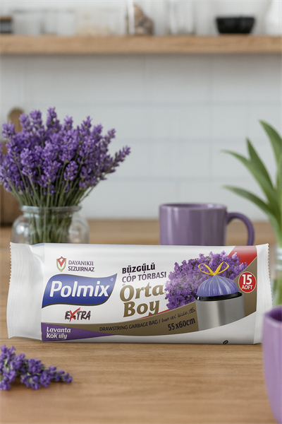 Polmix Orta Boy Büzgülü Çöp Torbası 55x60 cm Lavanta Kokulu 10lu
