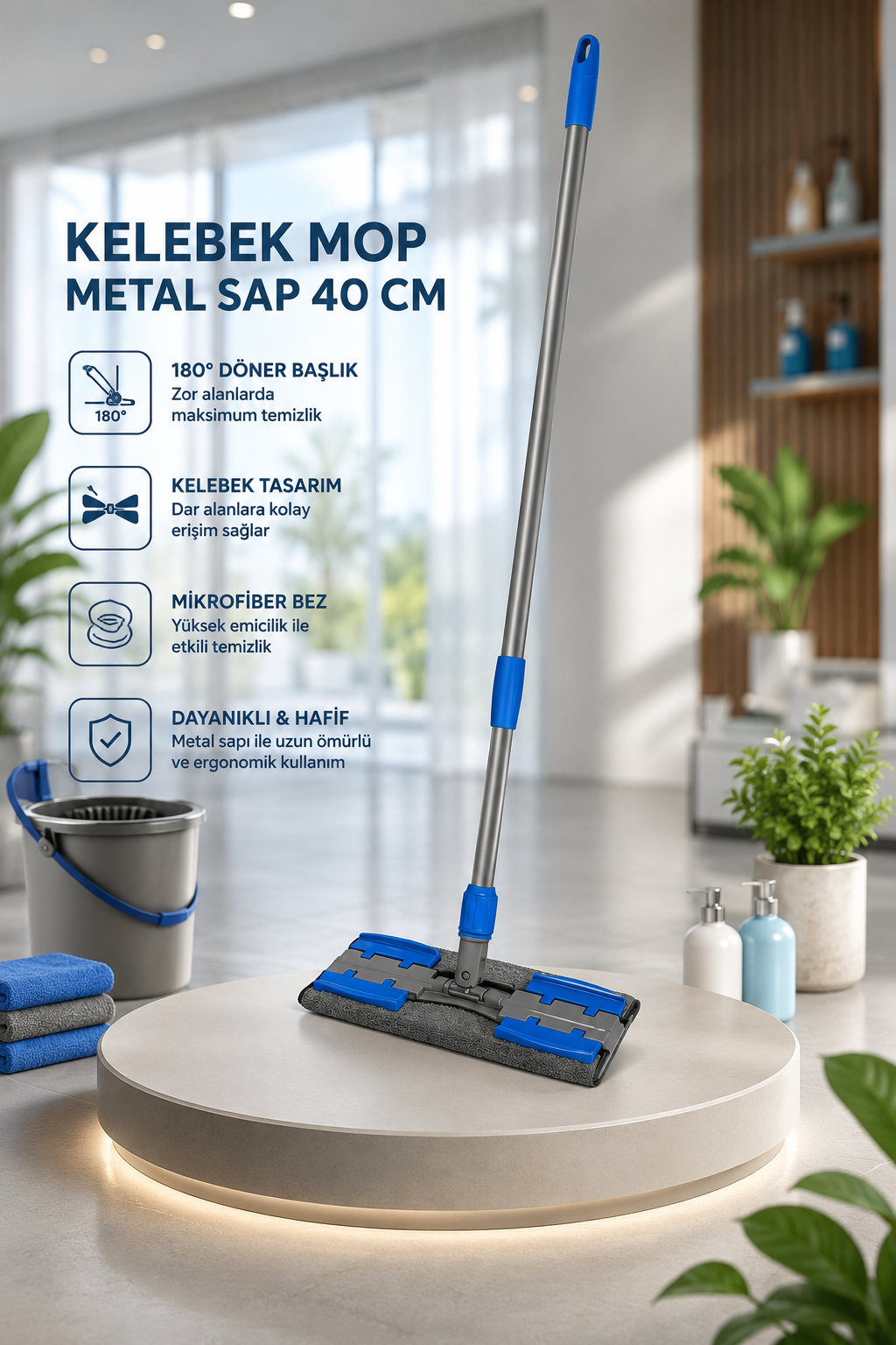 Kelebek Mop Metal Sap 40 cm | Geniş Yüzey Zemin Temizlik Mopu