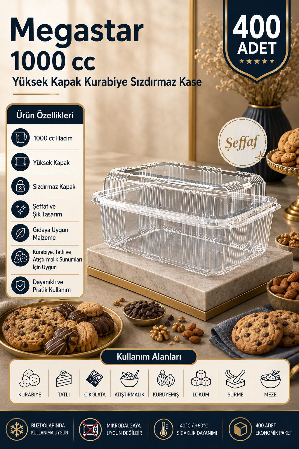 Megastar 1000 Gr Yüksek Kapaklı Kurabiye Sızdırmaz Kase 400'lü – Kapaklı Pasta ve Gıda Kabı