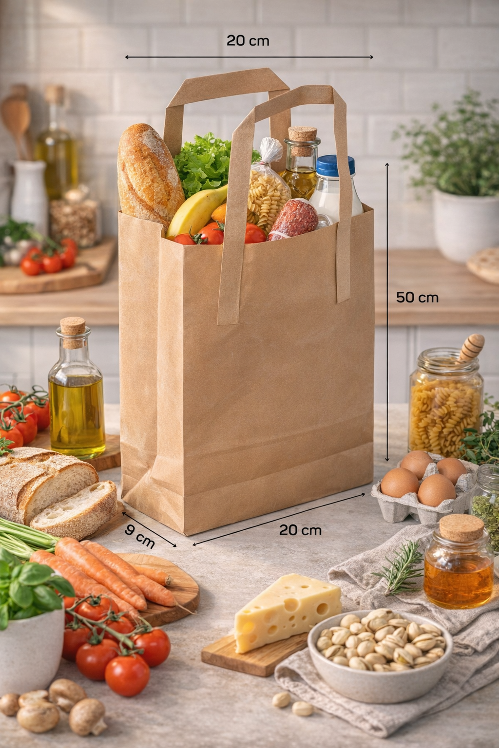 50x9x20 cm Düz Saplı Kraft Çanta 200'lü