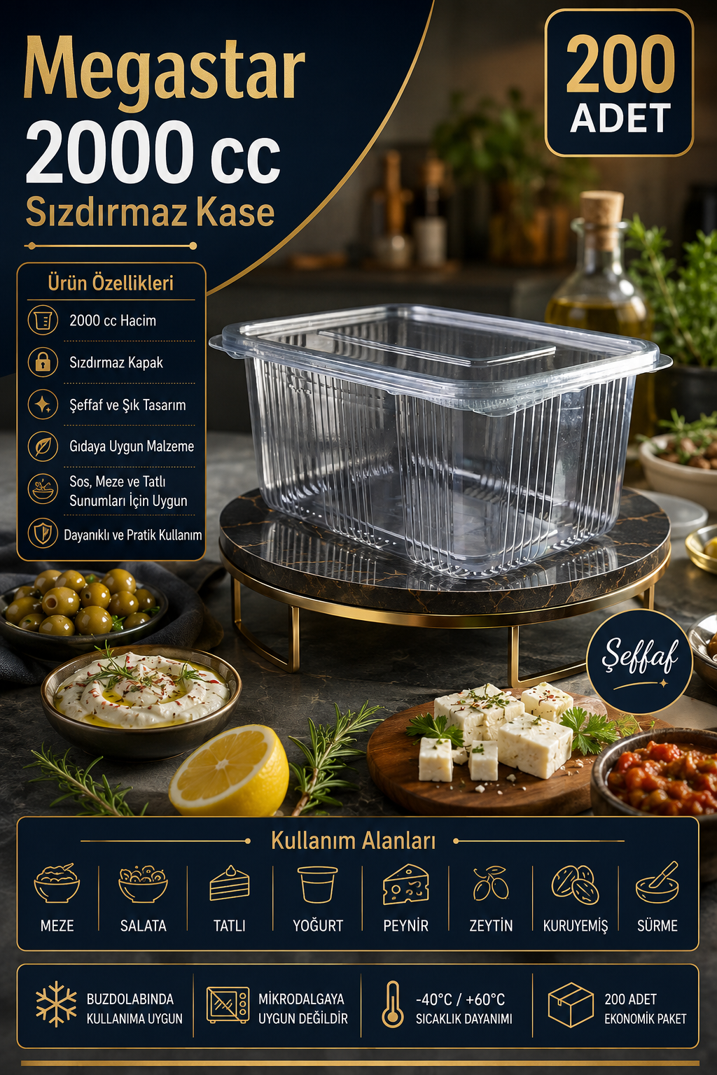 Megastar 2000 Gr Sızdırmaz Kase 200'lü – Kapaklı Büyük Boy Gıda ve Meze Kabı