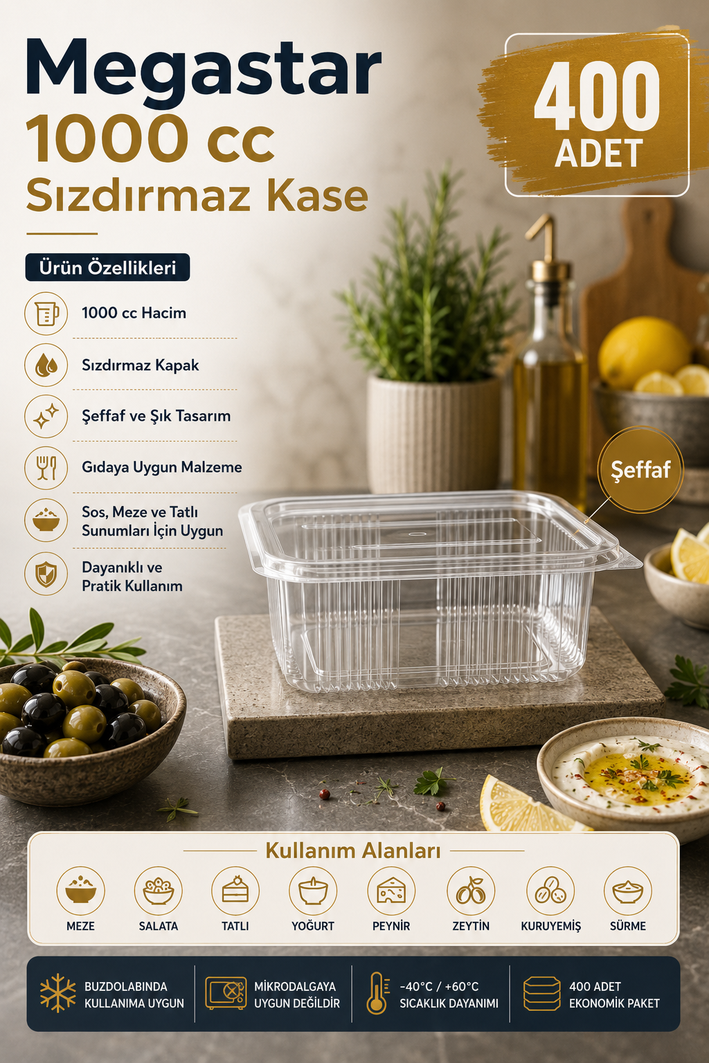 Megastar 1000 Gr Sızdırmaz Kase 400'lü – Kapaklı Büyük Boy Gıda ve Meze Kabı