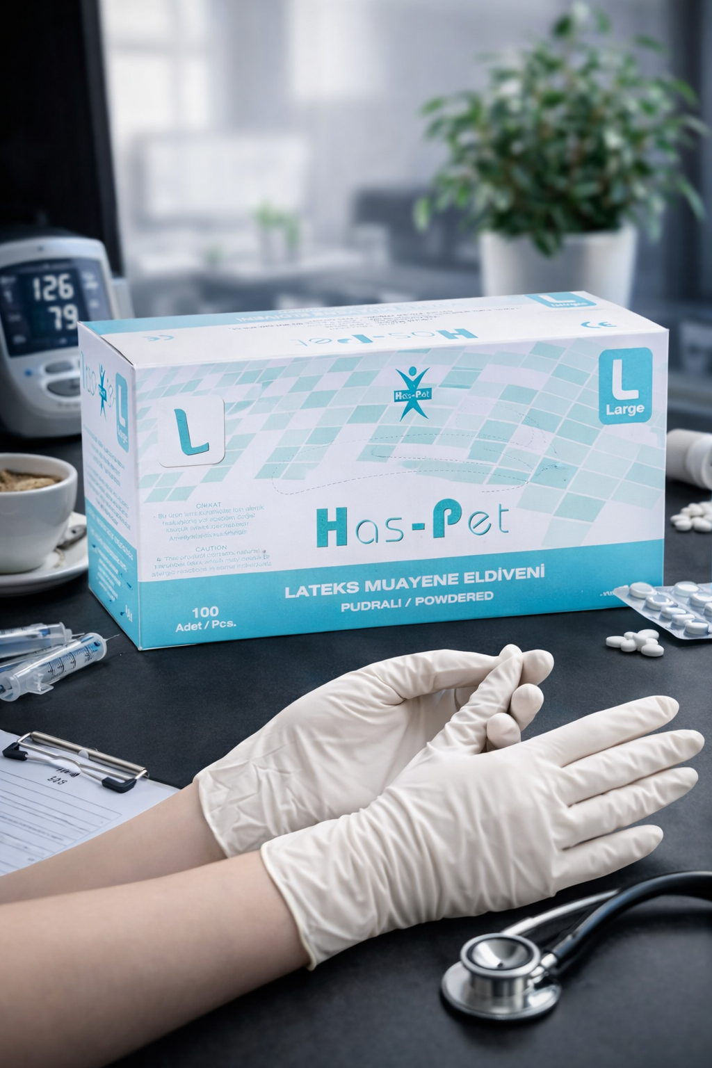 Haspet Beyaz Pudralı Lateks Eldiven Large 100'lü